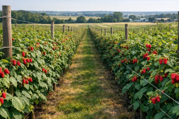 Nasad malina s postavljenim potporama i zdravim izdancima u punom rastu