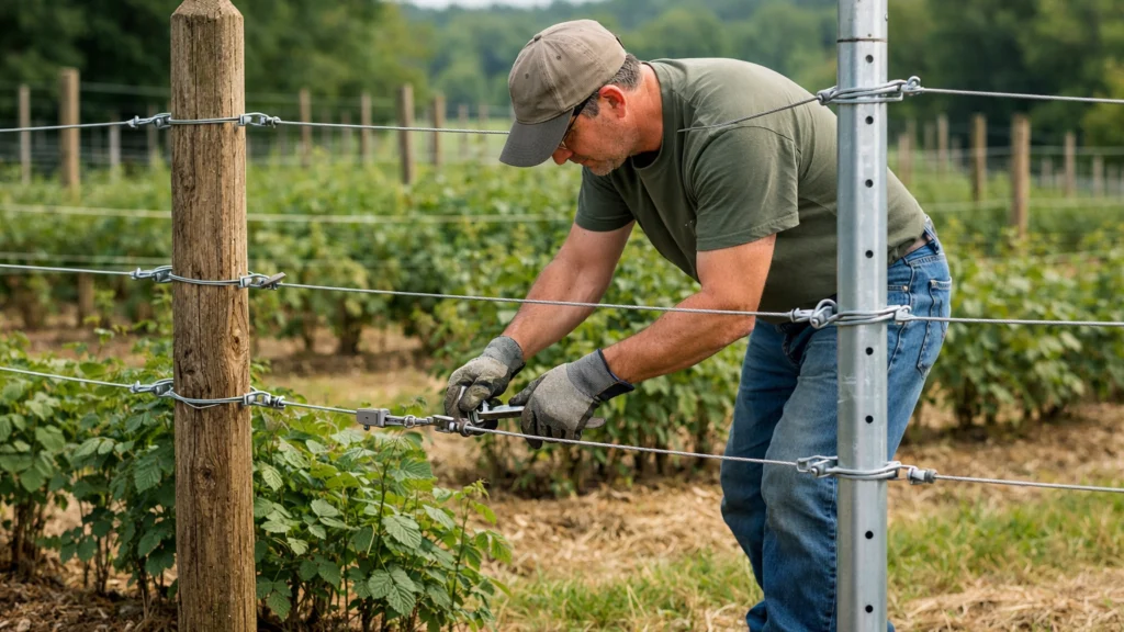 Postavljanje stupova i žica kao potpora za uzgoj malina