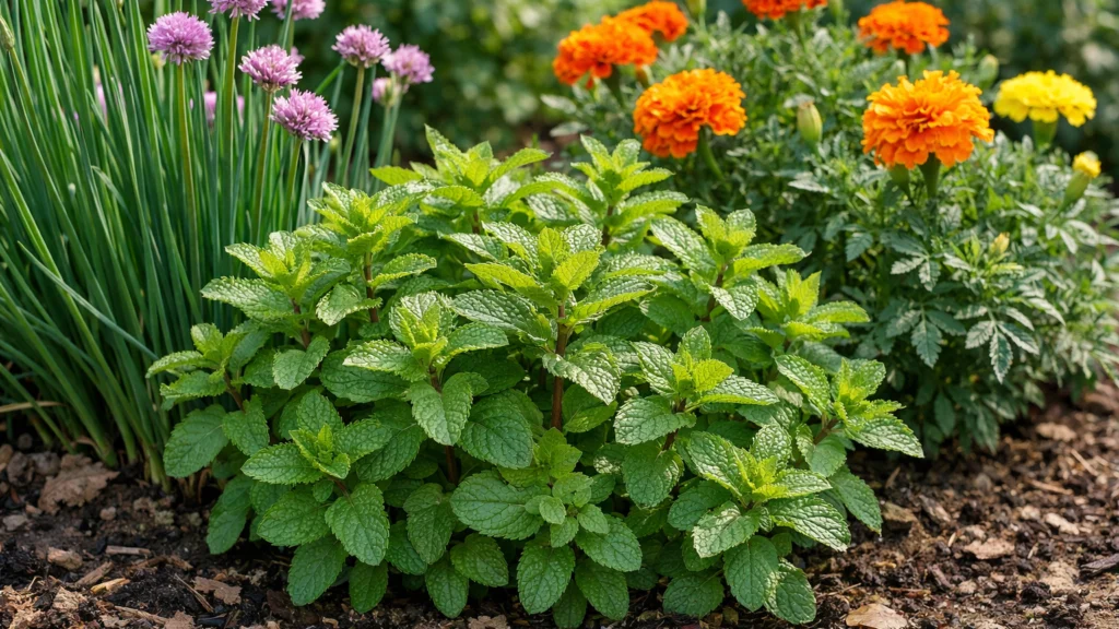 Menta posađena uz vlasac i neven radi prirodne kontrole rasta