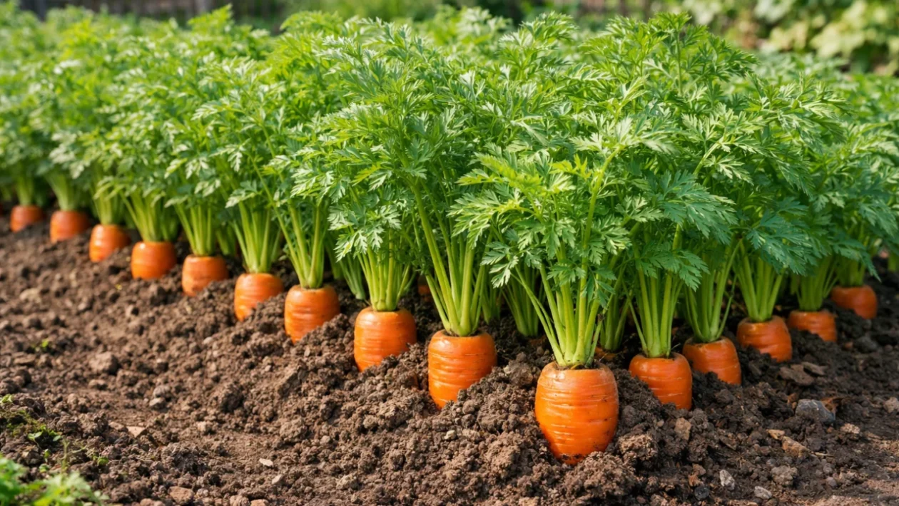 Ravna i zdrava mrkva u vrtu uzgojena u rahloj zemlji