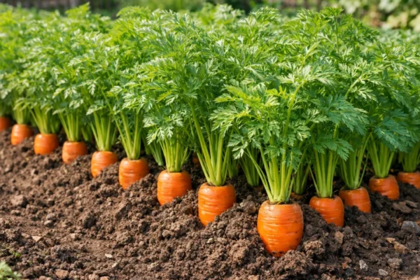 Ravna i zdrava mrkva u vrtu uzgojena u rahloj zemlji