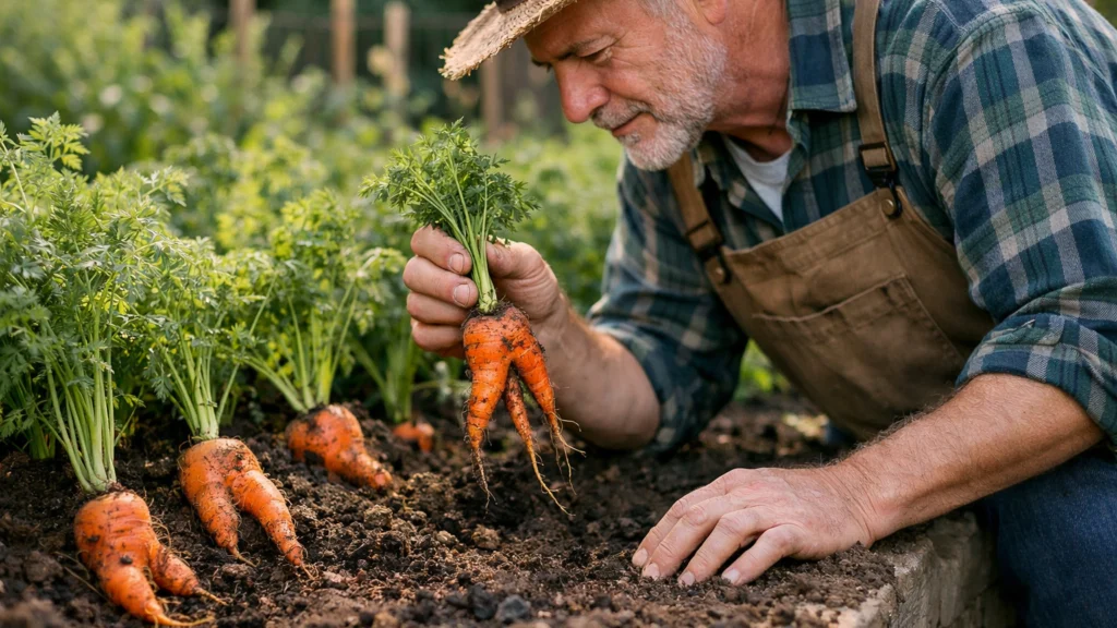 Vrtlar provjerava oblik mrkve tijekom rasta u vrtu