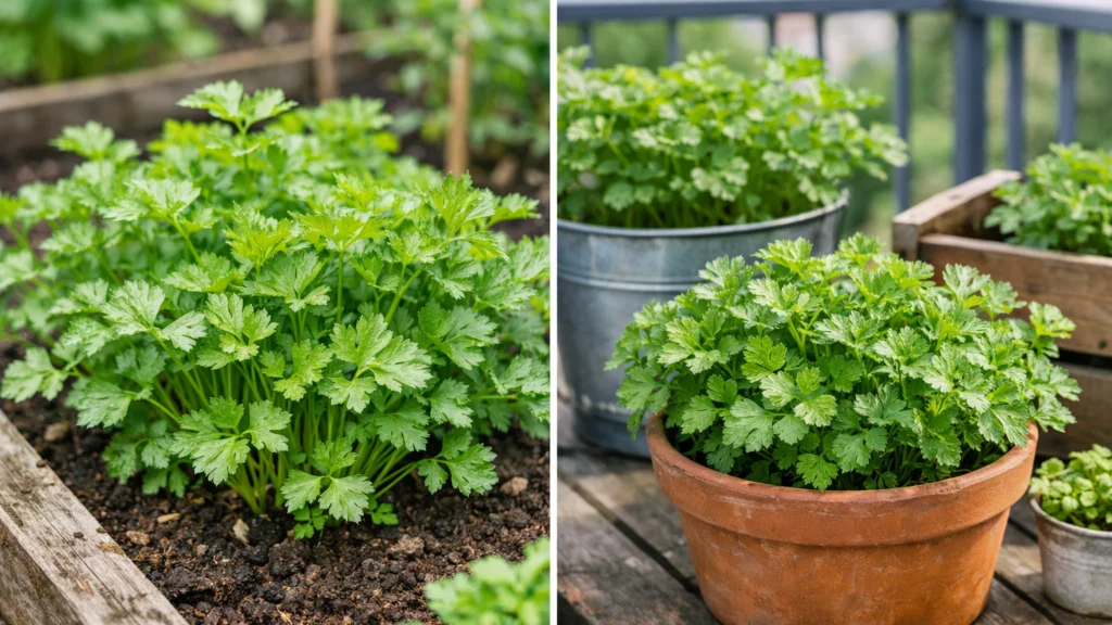 Peršin uzgojen u vrtu i posudi kao začinska biljka