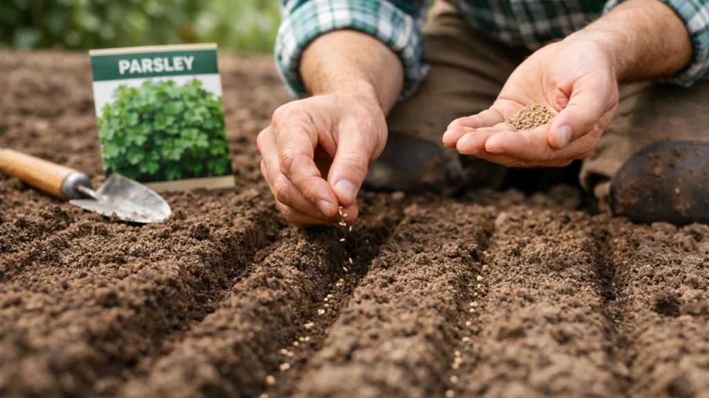 Sjetva peršina u pravilne redove u vrtu