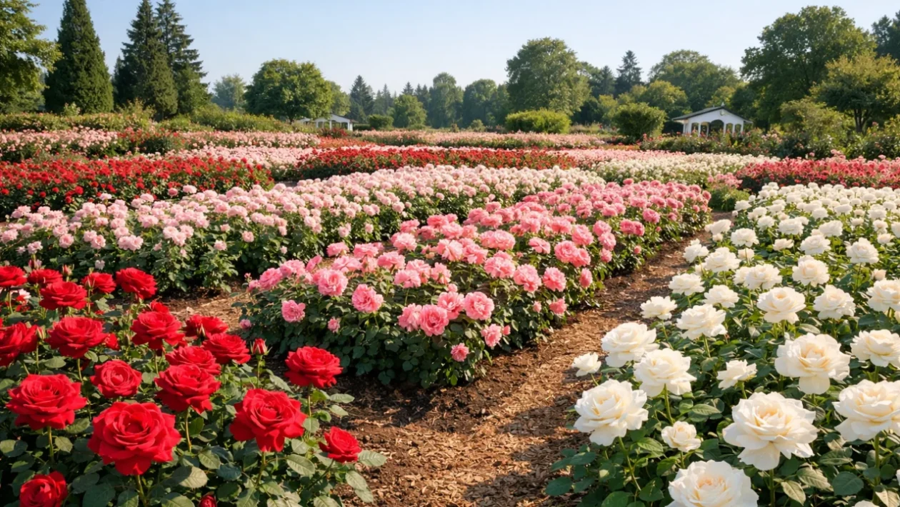 Bujan vrt ruža u punom cvatu s raznobojnim grmovima ruža