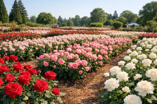 Bujan vrt ruža u punom cvatu s raznobojnim grmovima ruža