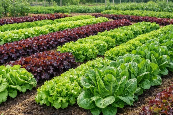 Uzgoj salate u vrtu s različitim sortama i bujnim zelenim listovima