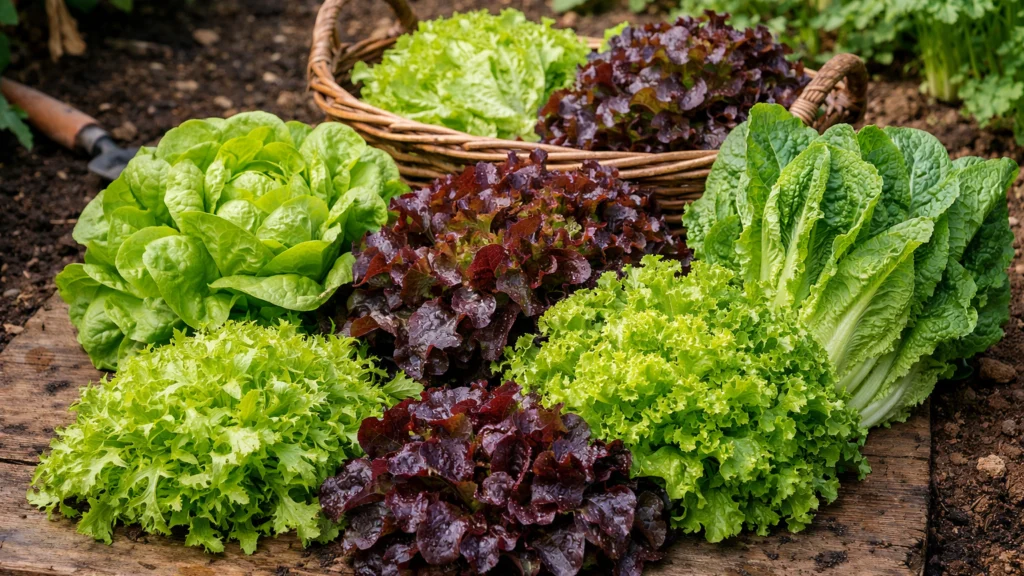 Različite vrste salate ubrané u vrtu prikazuju raznolikost listova