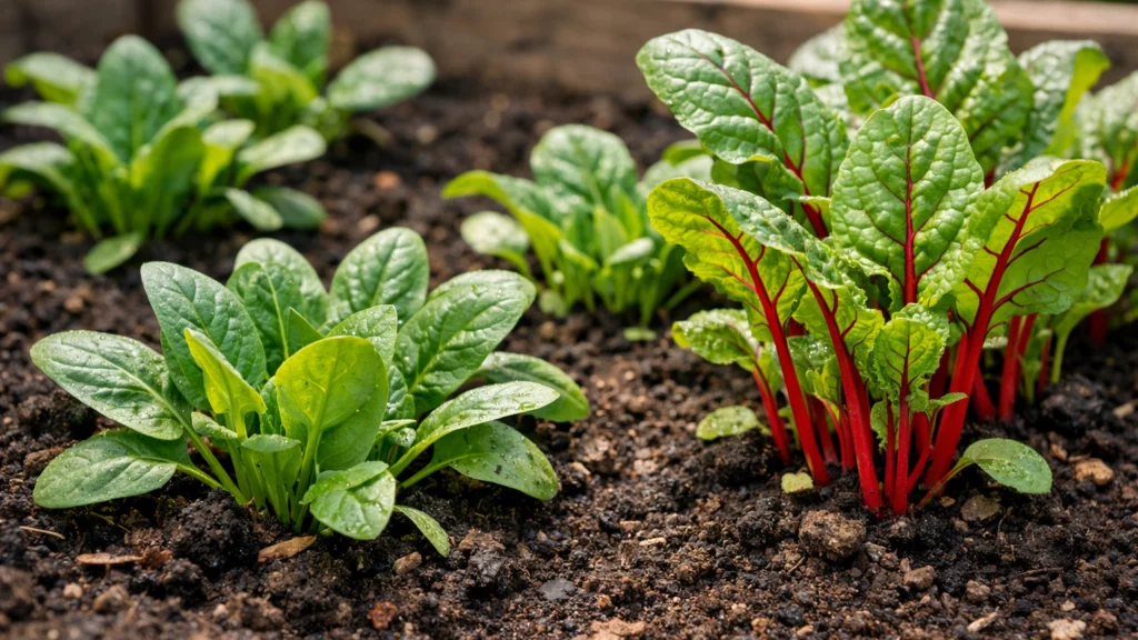 Mladi špinat i blitva u početnoj fazi rasta u vrtu