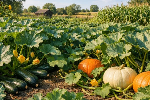 Uzgoj tikvica i bundeva u vrtu s bujnim biljkama i plodovima