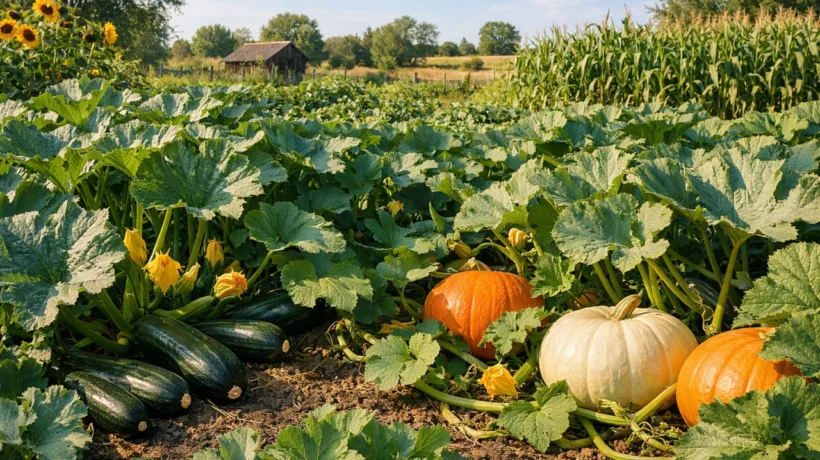 Uzgoj tikvica i bundeva u vrtu s bujnim biljkama i plodovima