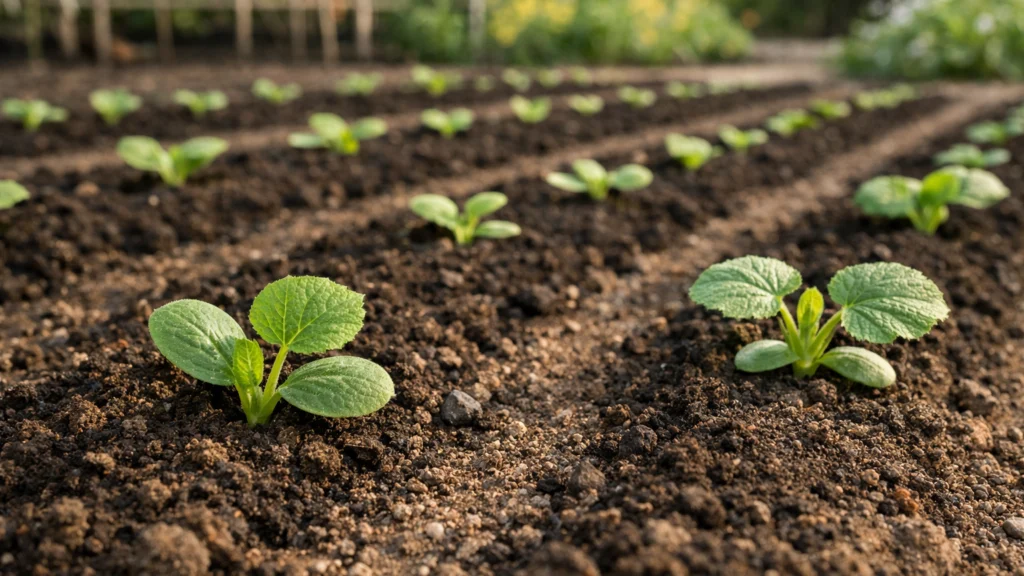 Mladi nasad tikvica i bundeva u povrtnjaku u ranoj fazi rasta
