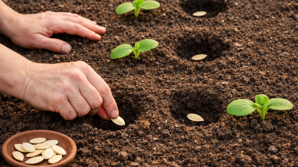 Sjetva sjemena tikvica i bundeva na otvorenom