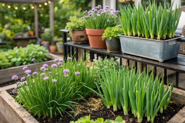 Uzgoj vlasca i mladog luka u vrtu i posudi na sunčanom kućnom prostoru
