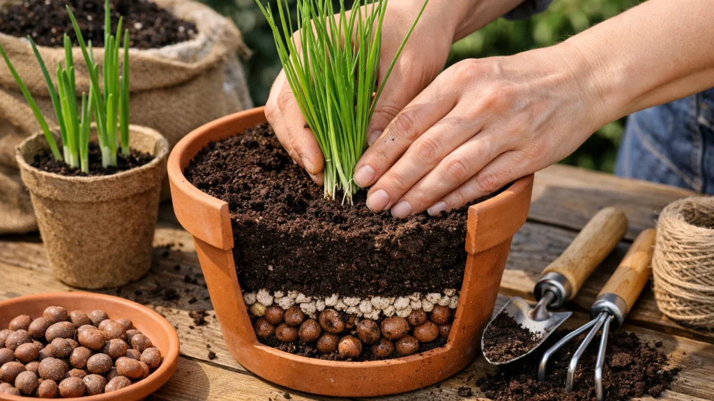 Sadnja vlasca i mladog luka u posudu s pravilnom drenažom