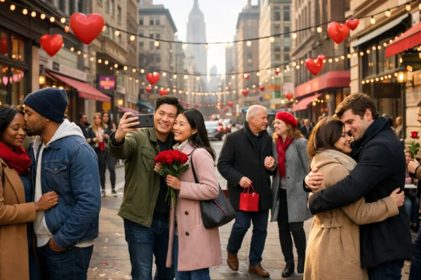 Valentinovo u suvremenom društvu: parovi i pojedinci u urbanom okruženju s diskretnim simbolima ljubavi