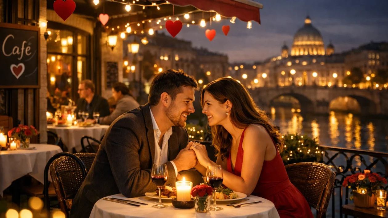 Romantična večera para na Valentinovo u modernom ambijentu, simbol ljubavi, bliskosti i zajedničkog vremena