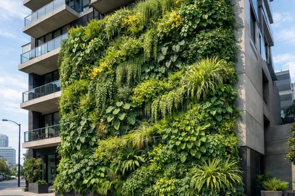 Moderan vertikalni vrt na zidu zgrade s bujnim zelenilom