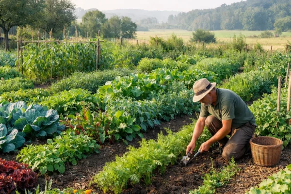 Organski vrt bez kemije s raznolikim povrćem i zdravim tlom