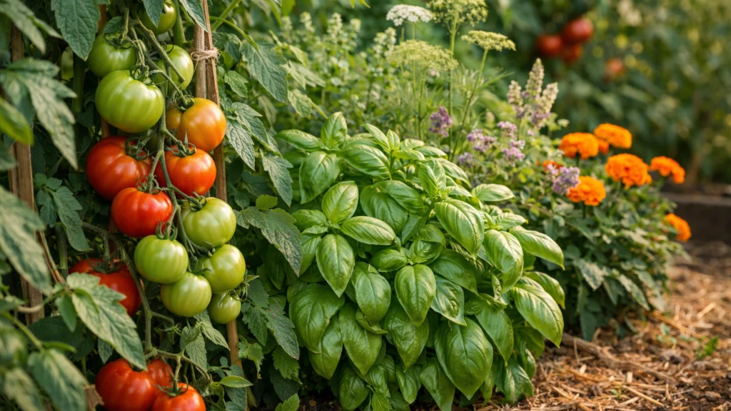 Miješana sadnja rajčice i bosiljka u organskom vrtu