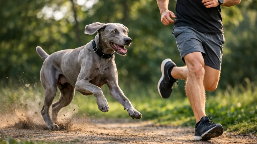 Weimaraner u trčanju s vlasnikom pokazuje visoku razinu energije i potrebu za aktivnošću