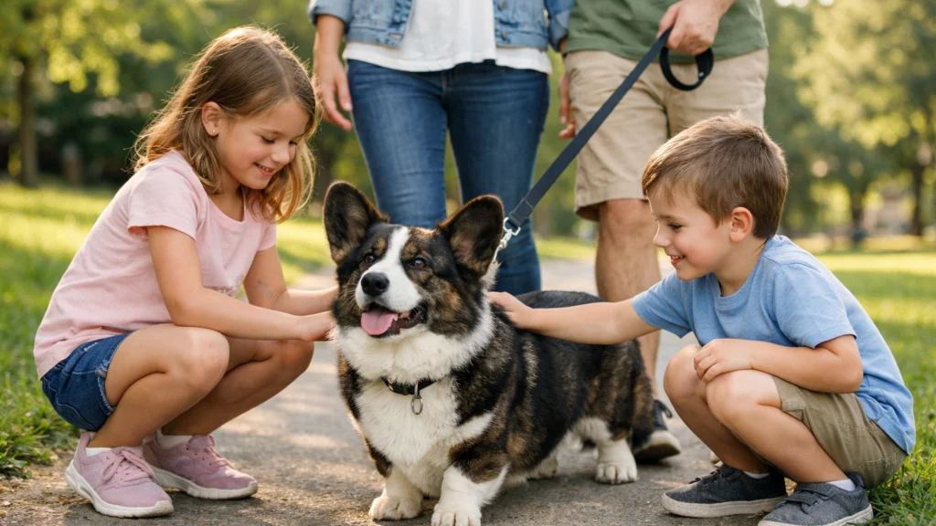 Welsh corgi cardigan u obiteljskom okruženju tijekom šetnje