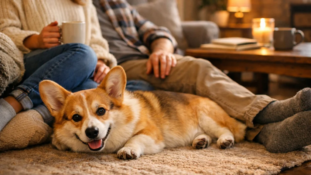 Welsh corgi pembroke kao obiteljski pas u domu s vlasnicima