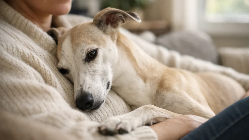 Whippet mirno leži uz vlasnika u domu, pokazuje nježan karakter i privrženost