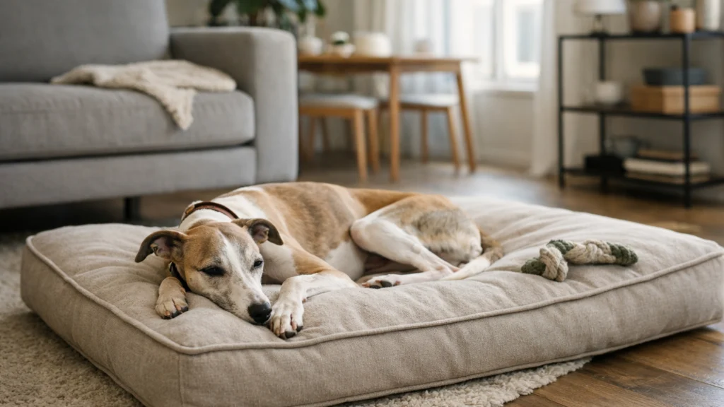 Whippet odmara u stanu nakon aktivnosti, miran i prilagođen životu u zatvorenom prostoru