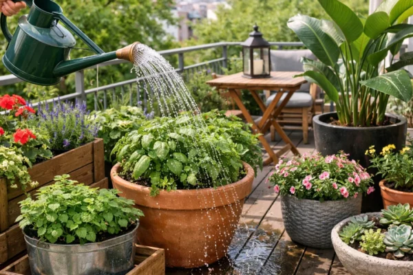 Zalijevanje biljaka u posudama na balkonu s raznim zdravim biljkama