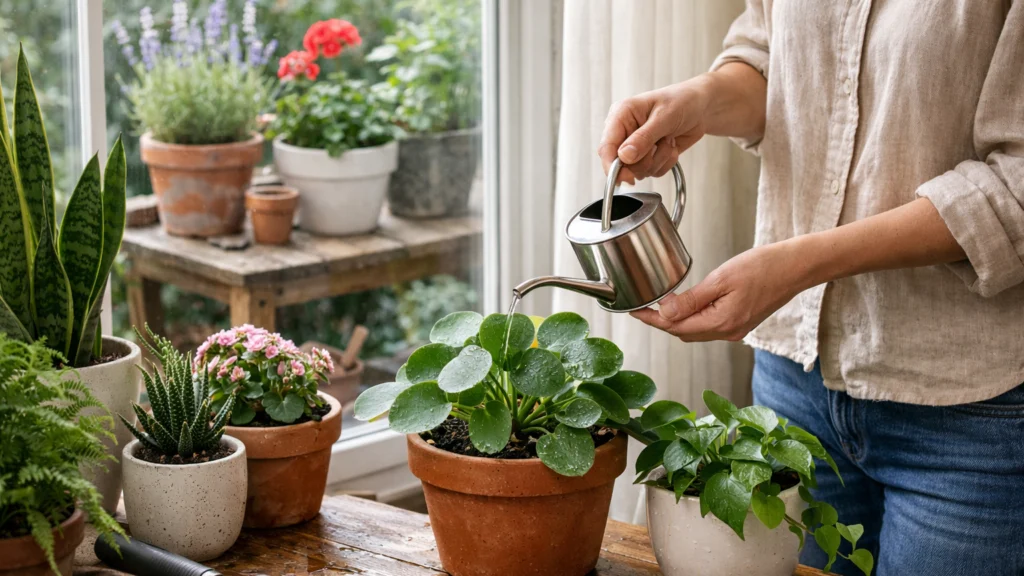 Zalijevanje sobnih biljaka u posudama u kućnom okruženju