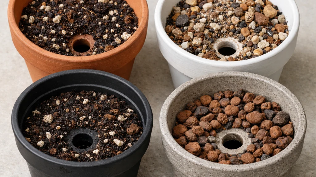 Posude za biljke s drenažnim rupama i različitim supstratima