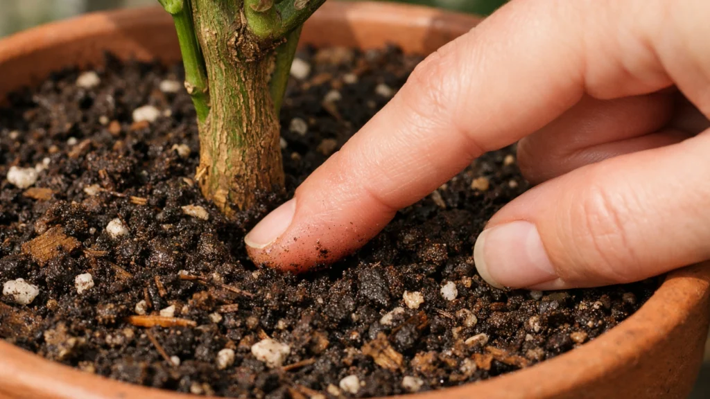 Provjera vlažnosti tla u posudi testom prstom