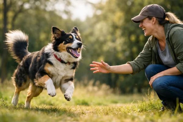Sretan pas u igri s vlasnikom na otvorenom, igra kao ključ psećeg svijeta
