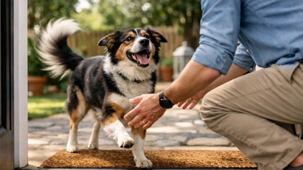 Pas koji veselo maše repom i dočekuje vlasnika kod kuće