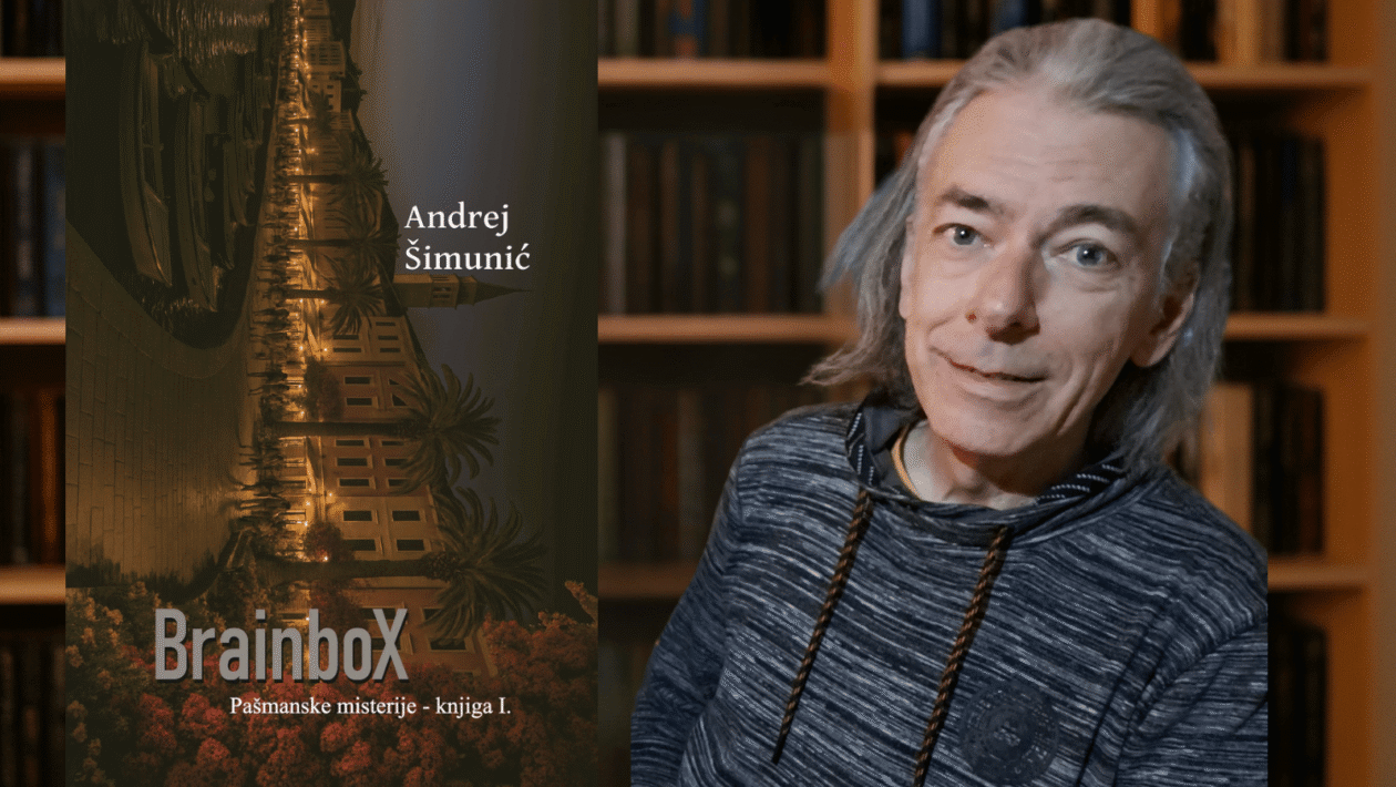 Autor Andrej Šimunić s romanom Brainbox u knjižnom okruženju. dva