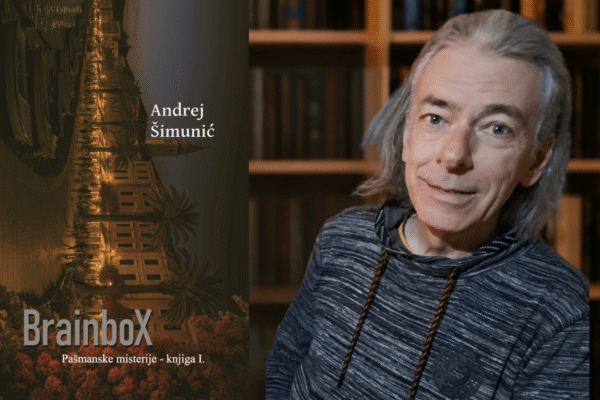 Autor Andrej Šimunić s romanom Brainbox u knjižnom okruženju. dva