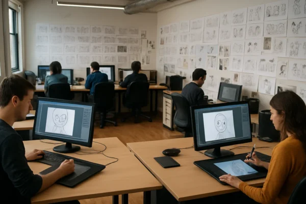 Radni prostor animacijskog studija koji prikazuje proces izrade animiranog filma