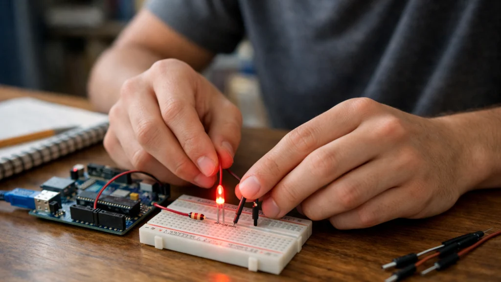 Student radi svoj prvi Arduino projekt s LED diodom