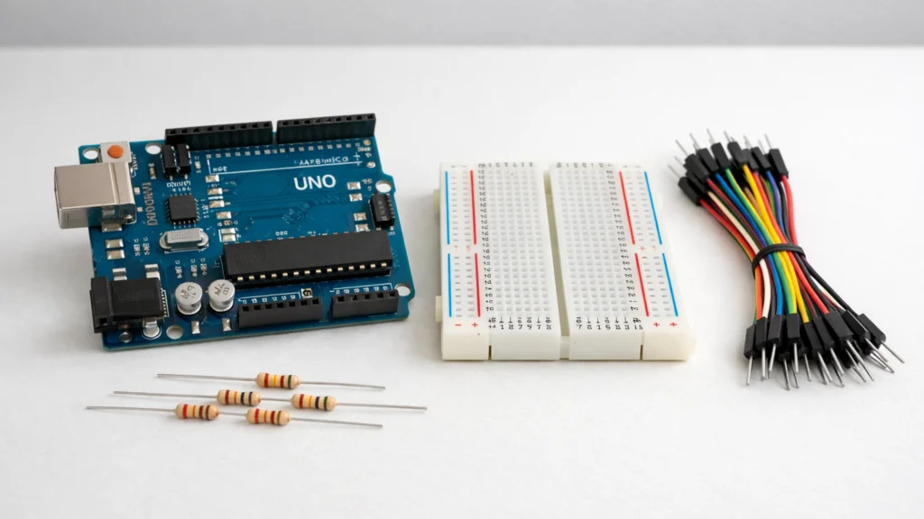 Osnovne Arduino komponente uredno posložene za učenje osnova