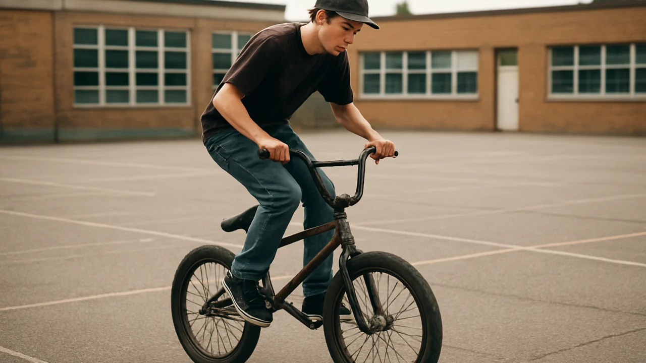 Mladi BMX vozač trenira sam u školskom dvorištu, simbol početaka i osobnog izazova