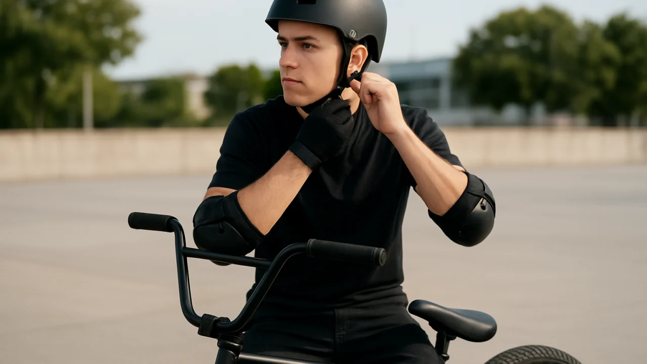 Početnik u BMX-u priprema kacigu i zaštitnu opremu prije prve vožnje