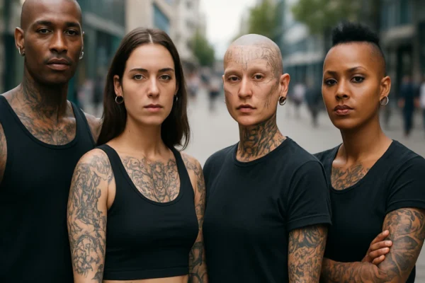 Raznolike osobe s body modification u urbanom okruženju koje izražavaju identitet i kulturu