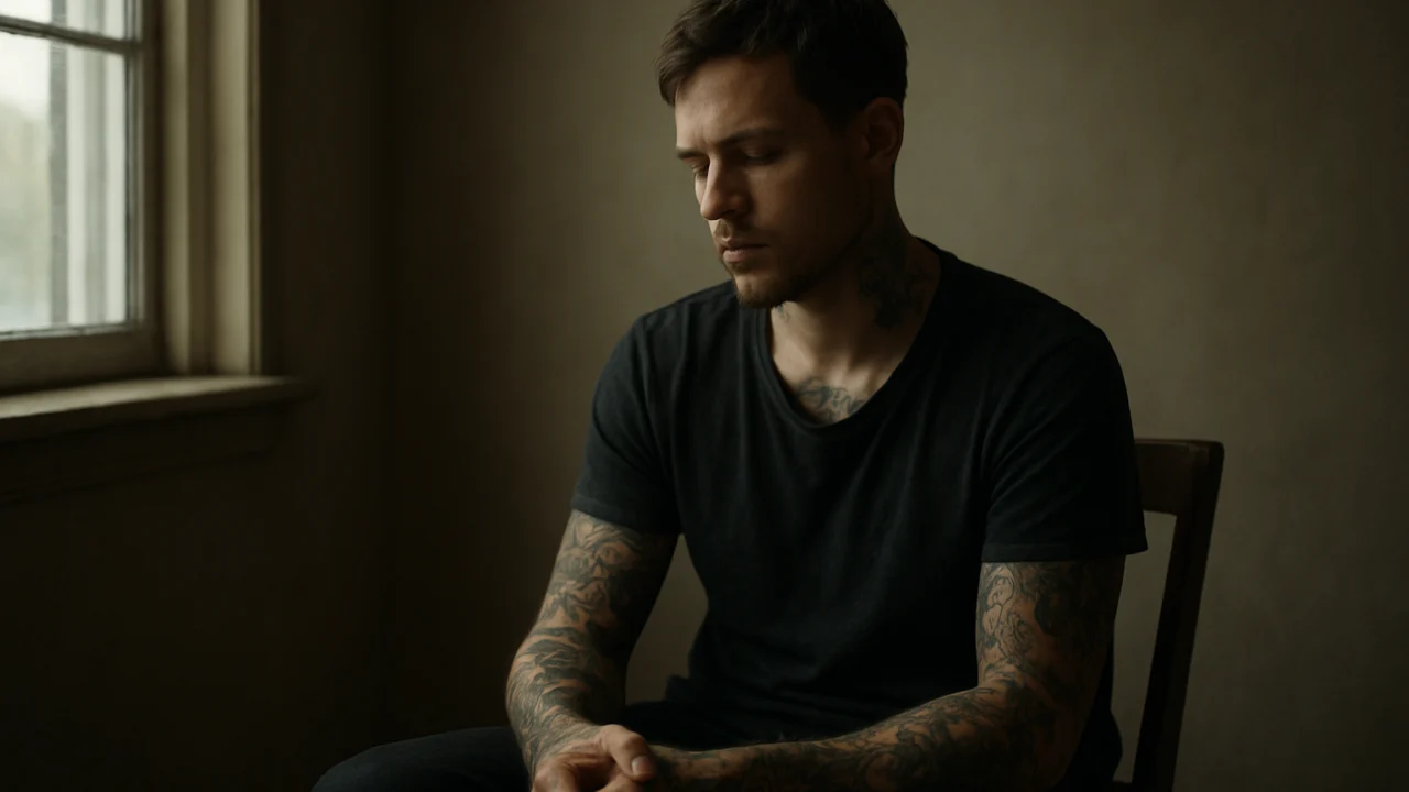 Osoba s tetovažom u mirnom prostoru kao simbol osobne borbe i identiteta