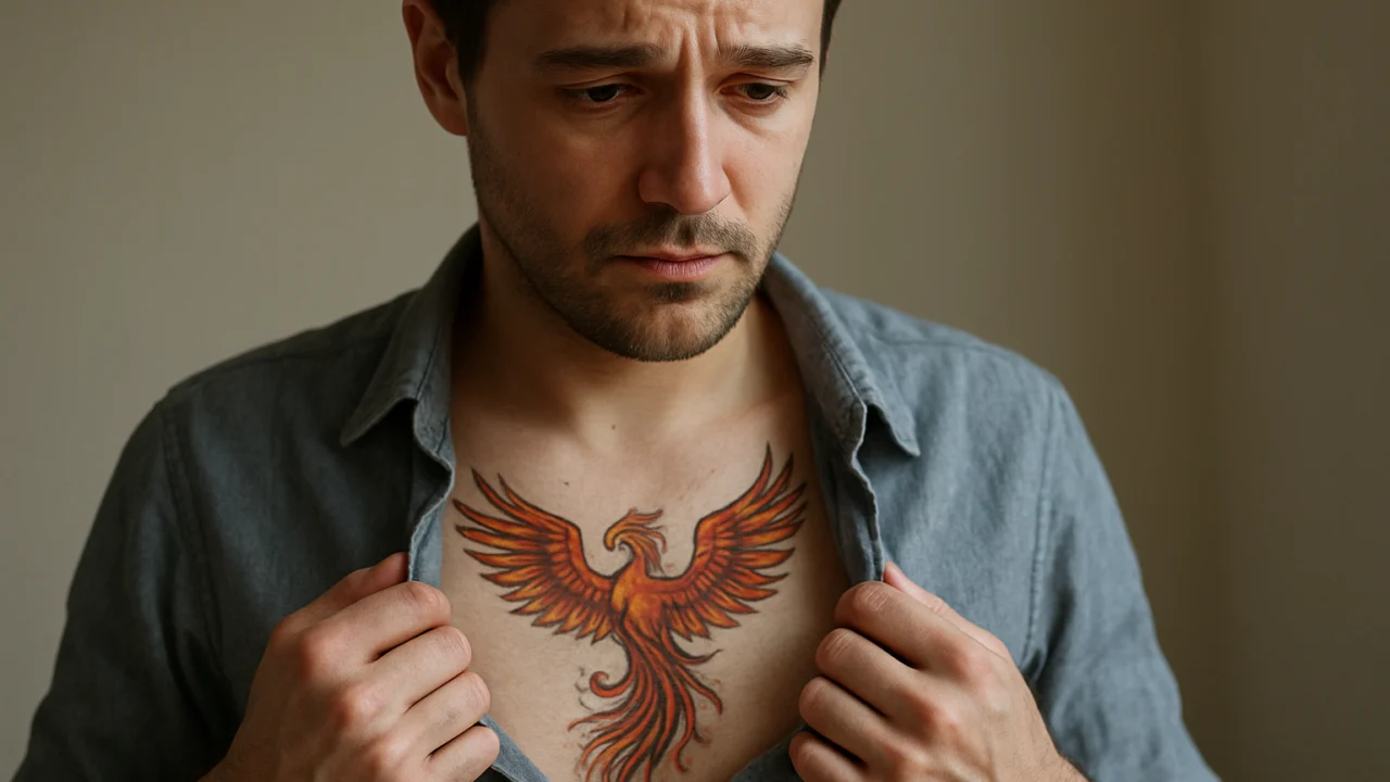 Tetovaža feniksa na prsima kao simbol osobne transformacije i oporavka