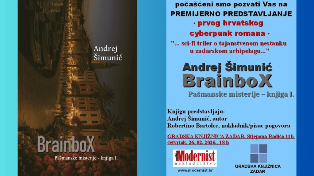 Pozivnica za predstavljanje romana Brainbox u Gradskoj knjižnici Zadar 2026. godine.