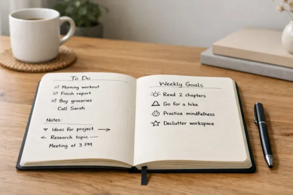 Bullet journal na radnom stolu koji simbolizira mir i jasnoću u bilješkama