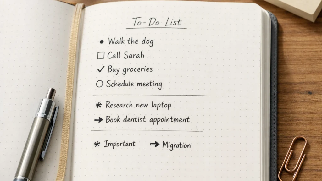 Primjer osnovnih principa bullet journala s kratkim zapisima