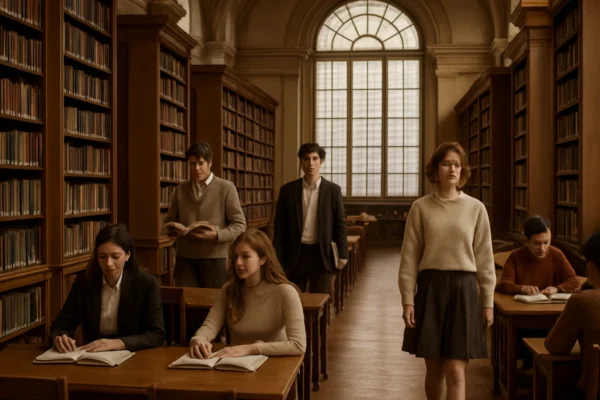 Dark i light academia stil u klasičnoj sveučilišnoj knjižnici