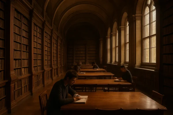 Dark academia estetika u povijesnoj knjižnici s tihom atmosferom znanja i učenja